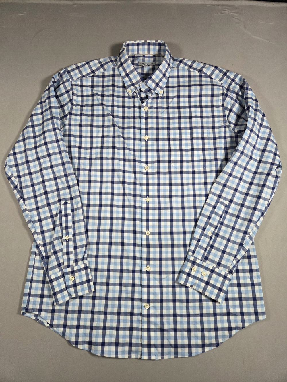 Peter Millar Blue and White Performance Plaid Long-Sleeve Button-Up Shirt Large